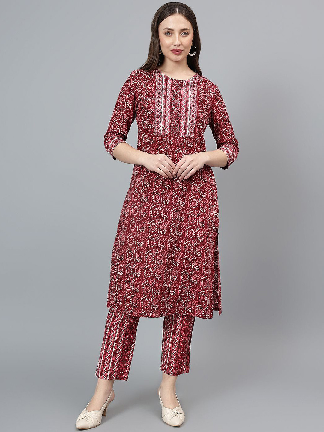 Cantabil Indie-Floral Printed Pure Cotton Straight Kurta with Trousers