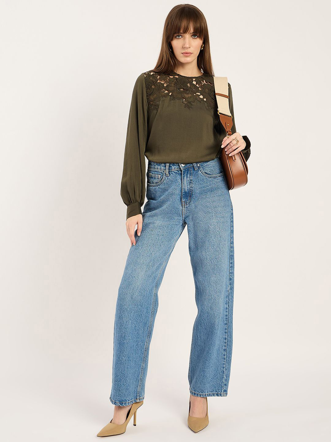 FEMMELLA Women Cuffed Sleeves Embroidered Top