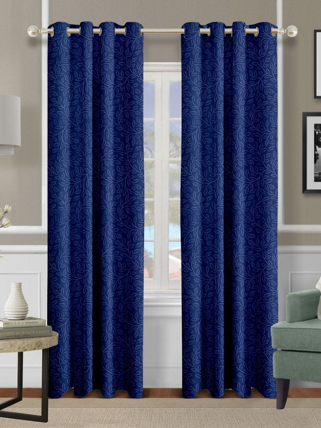 Cortina Blue 2 Pieces Floral Printed Emboss Long Door Curtain