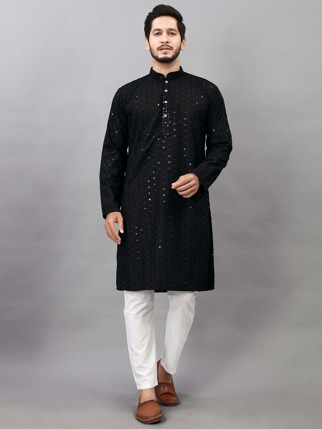 ALMORA Ethnic Motifs Embroidered Mandarin Collar Pure Cotton Straight Kurta With Pyjama