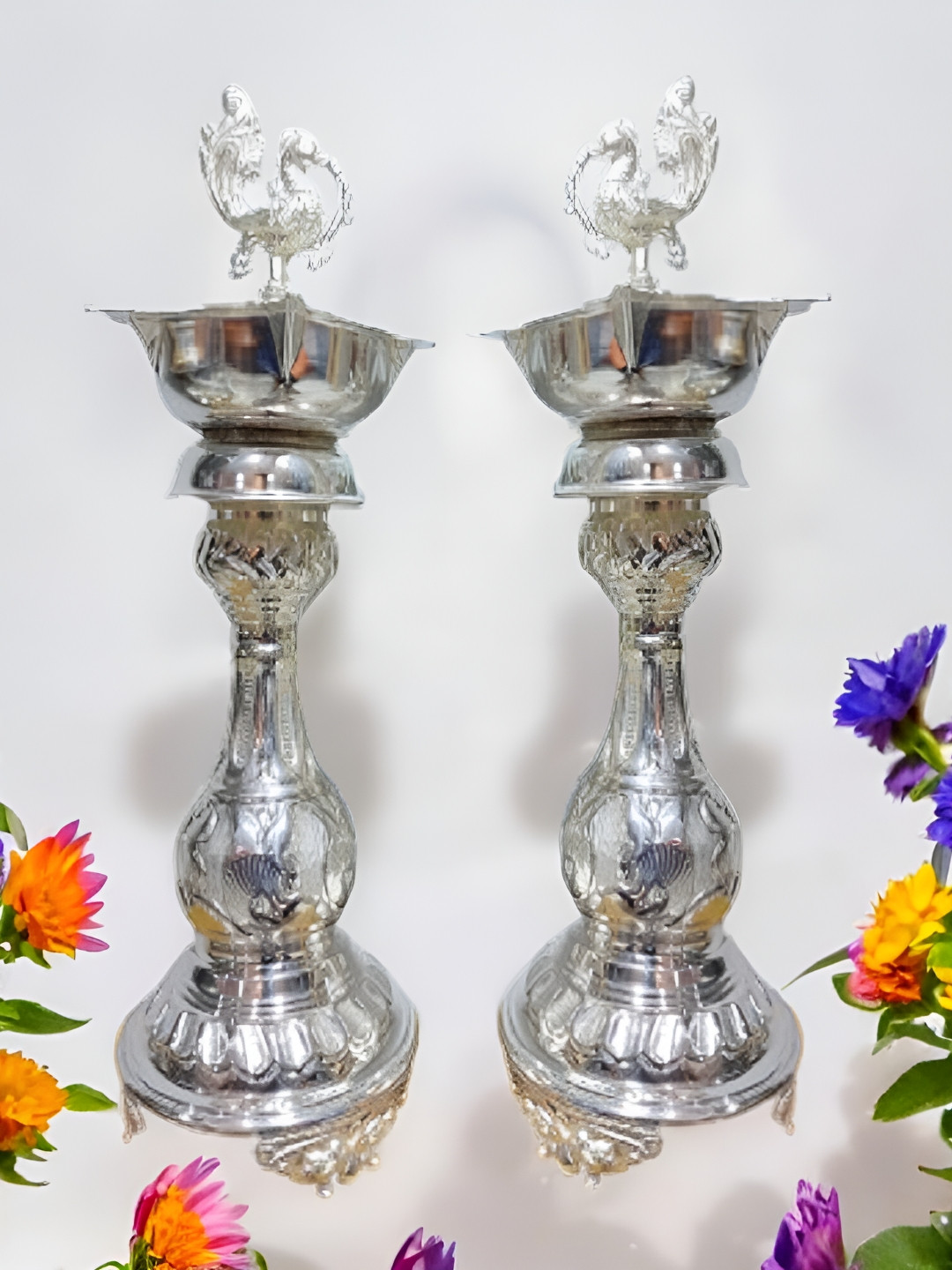 Sigaram Silvertoned 2 Pcs Glossy Pure German Silver Peacock Diyas