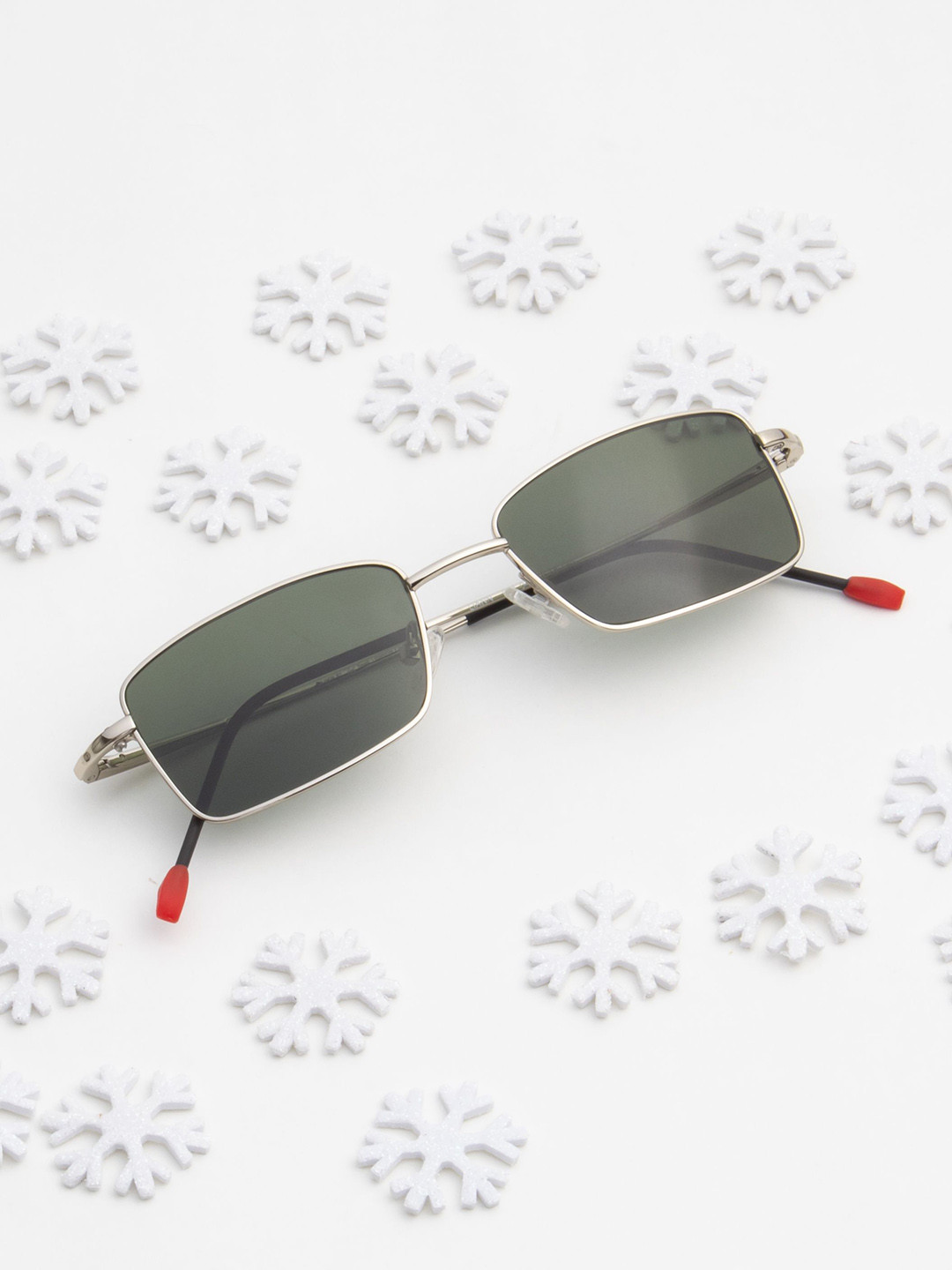 Ted Smith Unisex Silver-Green Aesthetic Minimalist Rectangle Sunglasses with Polarised Lens