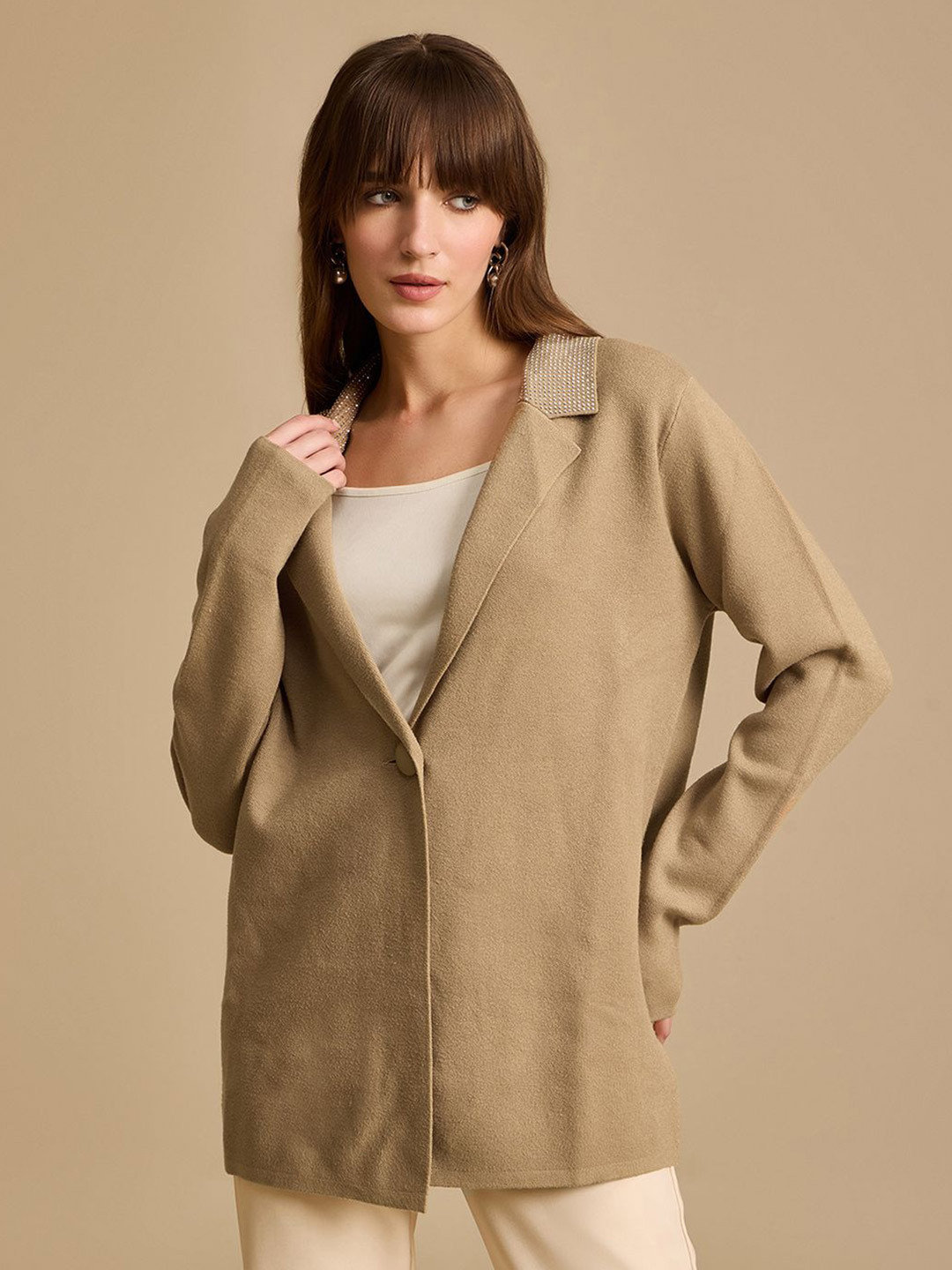 Kazo Women Beige Lapel Collar Solid Formal Tailored Jacket