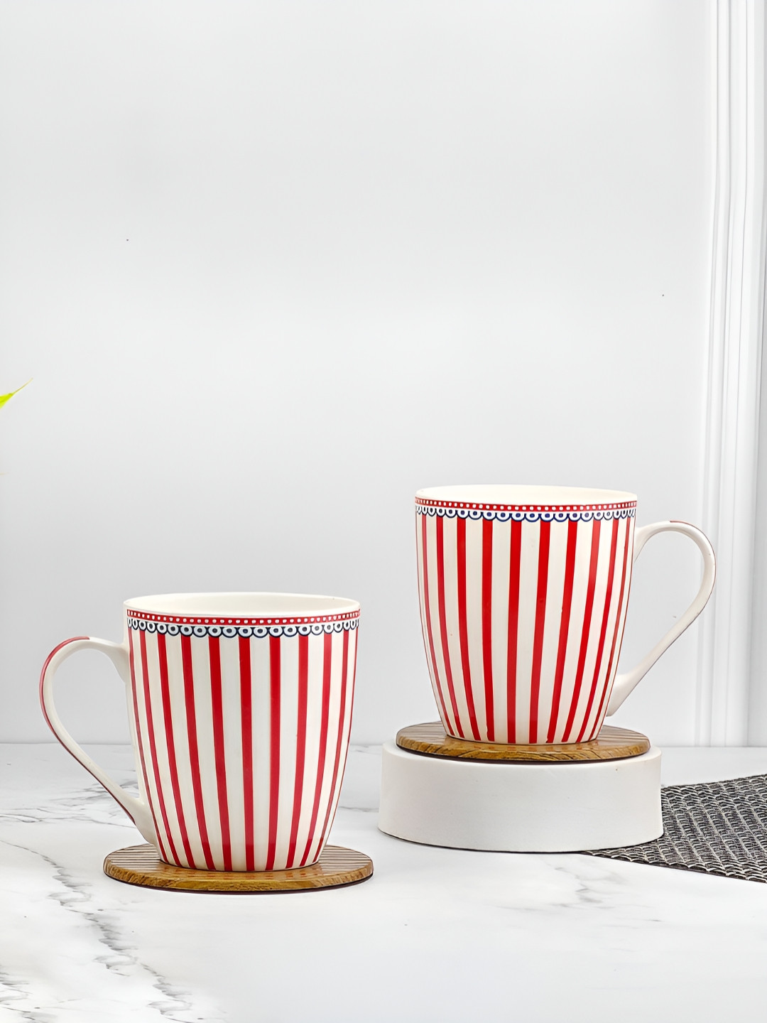 UPC White Striped Ceramic Handmade 2 Piece Mugs-260ml