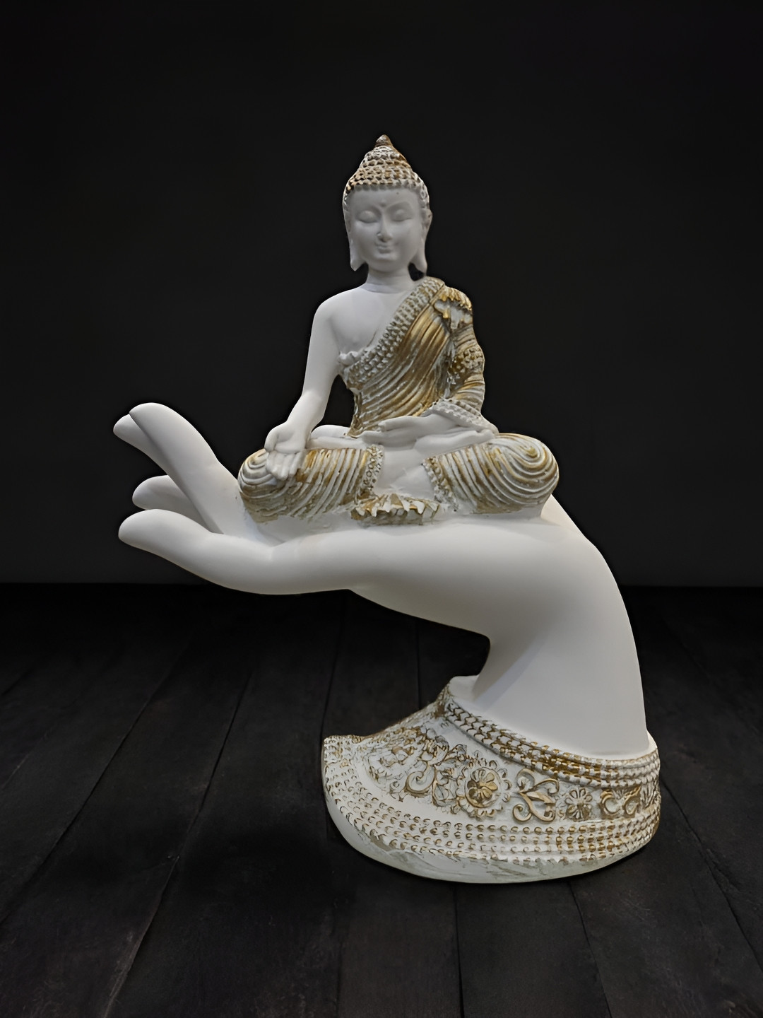 SANKALAN CREATIONS White  Buddha Sitting On Palm With The Blessing Mudra Idol Showpiece