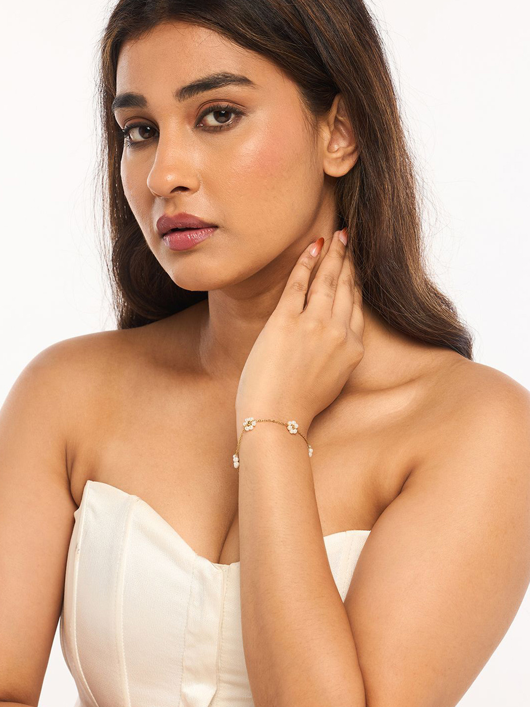 WHITE LIES Gold Plated Artificial Beads Beaded Charm Bracelet