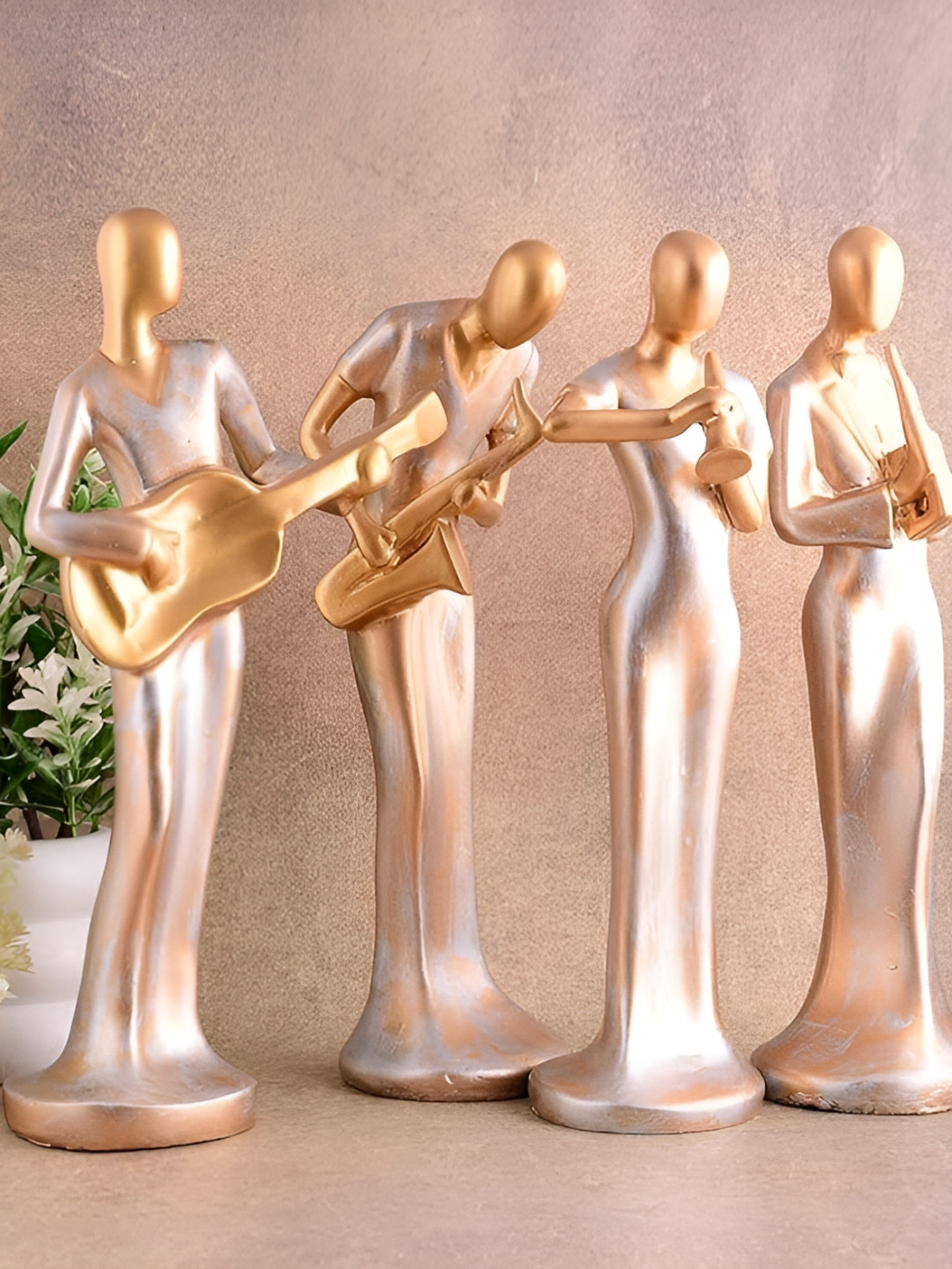 Zart Lady Hand Musical instrument Gold Polyresin Natural Living Room Set of 4 Medium Showpieces - 13 Inches