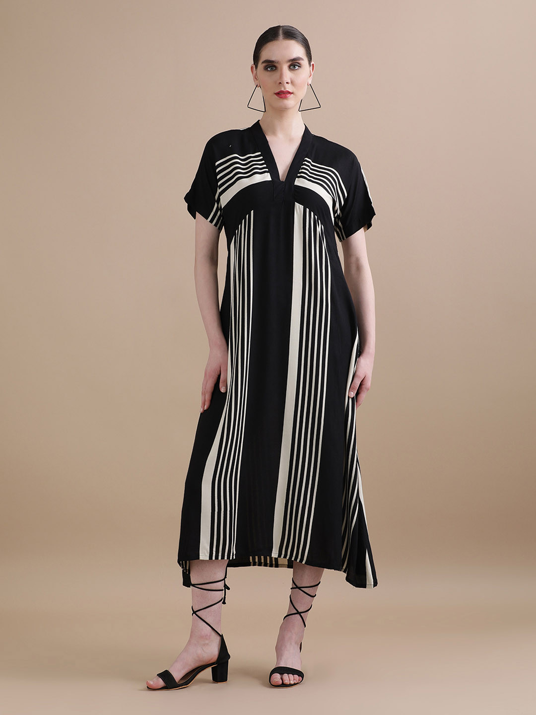 BLACK & BLAH BLAH Relaxed Fit Stripes A-Line Midi Dress