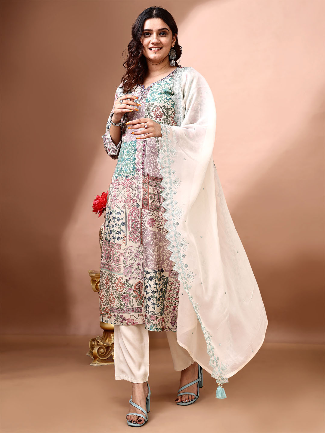 KUNDAN FAB V-Neck Floral Printed Pure Cotton Straight Kurta with Trouser & Dupatta