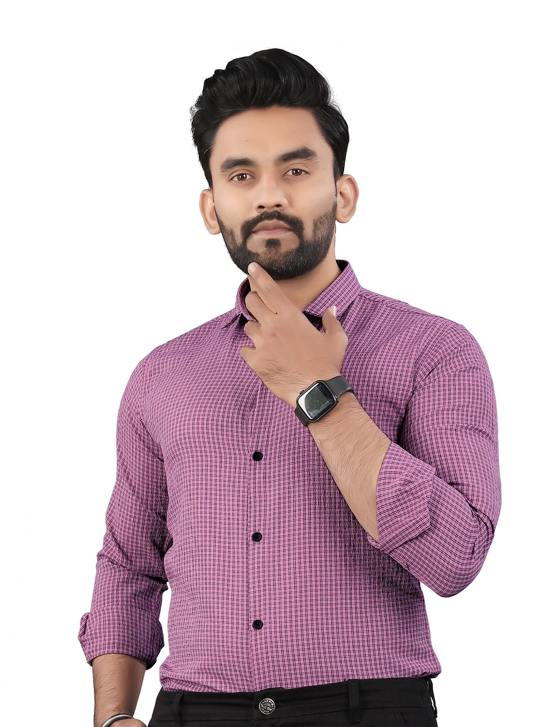 TERAXO Men Premium Spread Collar Micro Checked Slim Fit Formal Shirt