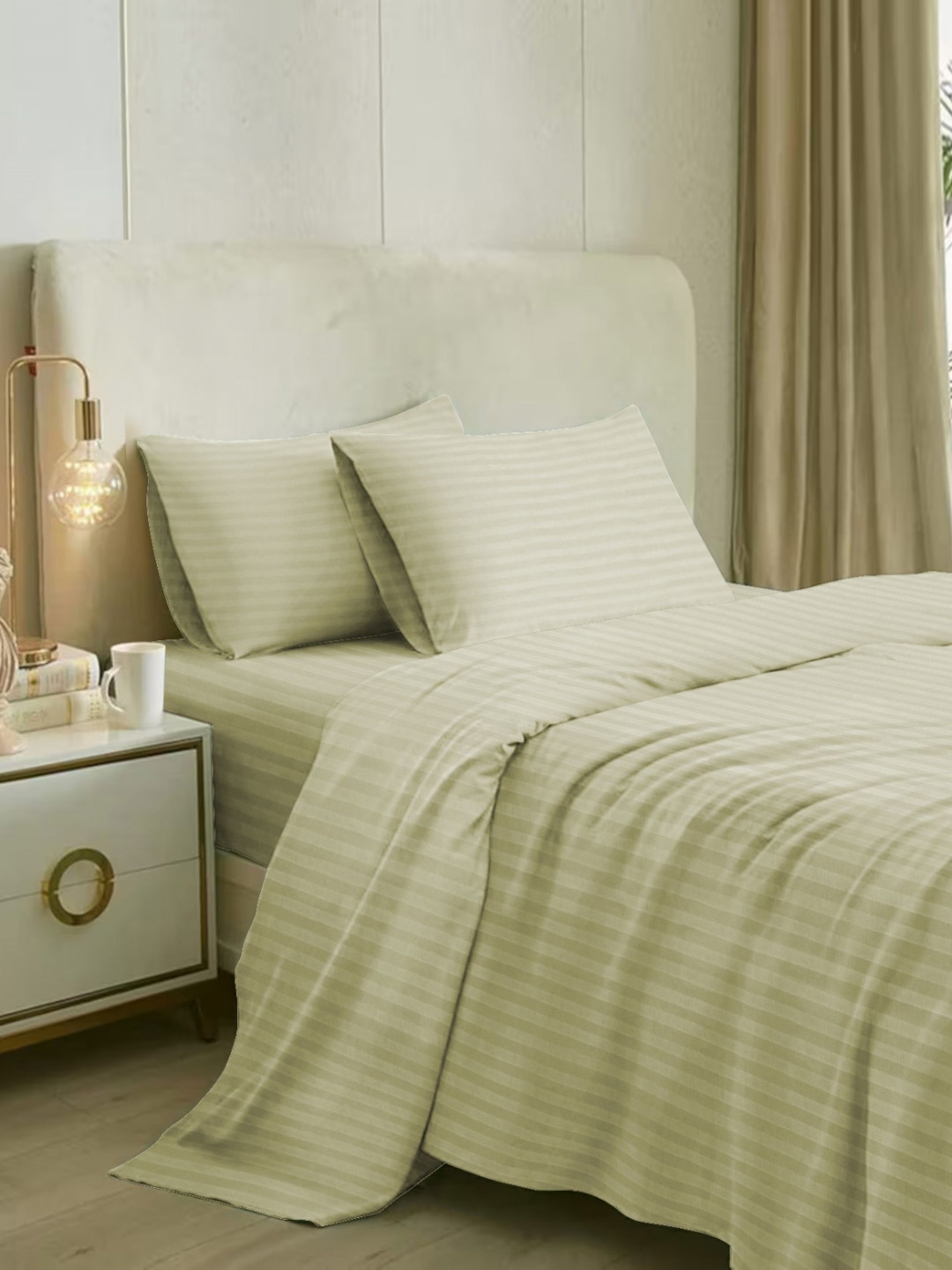 MARK HOME Off White Striped Cotton 210 TC King Bedsheet with 2 Pillow Covers-2.74m x 2.74m