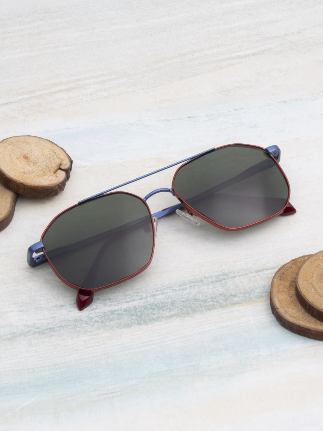 Ted Smith Unisex Blue-Green Metal Aviator Aesthetic Sunglasses with Polarised Lens