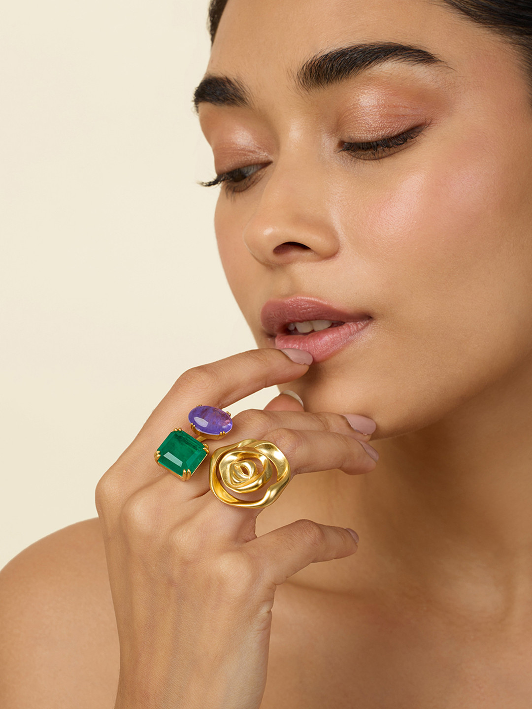 Isharya 18KT Gold Plated Cubic Zirconia Studded Ros Gems Open Finger Ring