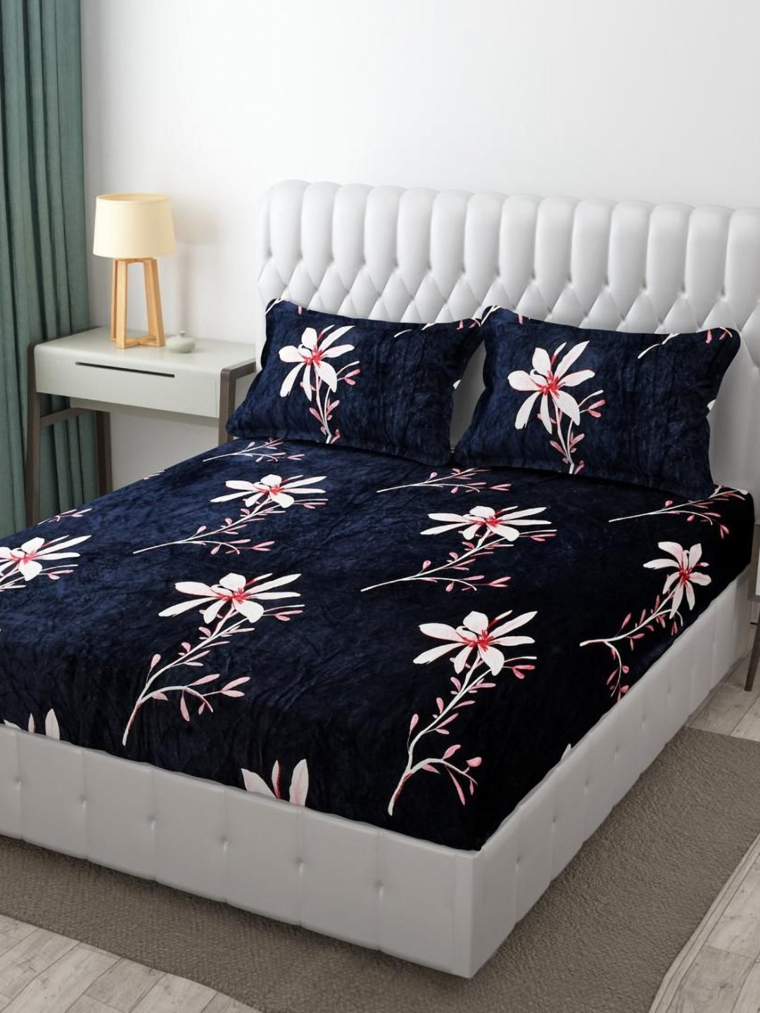 BLUEDOT Blue 300 TC Woolen King Size Fitted Double Bedsheet & 2 Pillow Covers