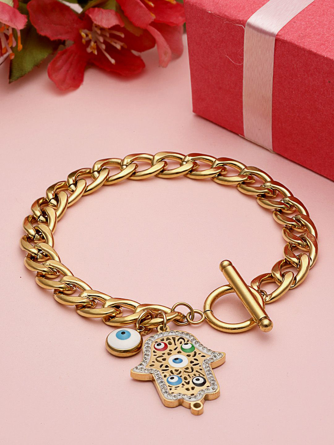 PANASH 18KT Gold Plated Evil Eye Stainless Steel Tarnish-Free Waterproof Charm Bracelet