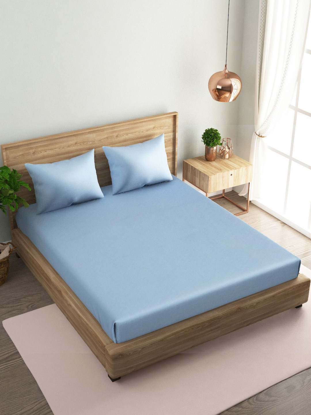 MARK HOME Blue Cotton 210 TC King Bedsheet with 2 Pillow Covers-2.74 m x 2.74 m