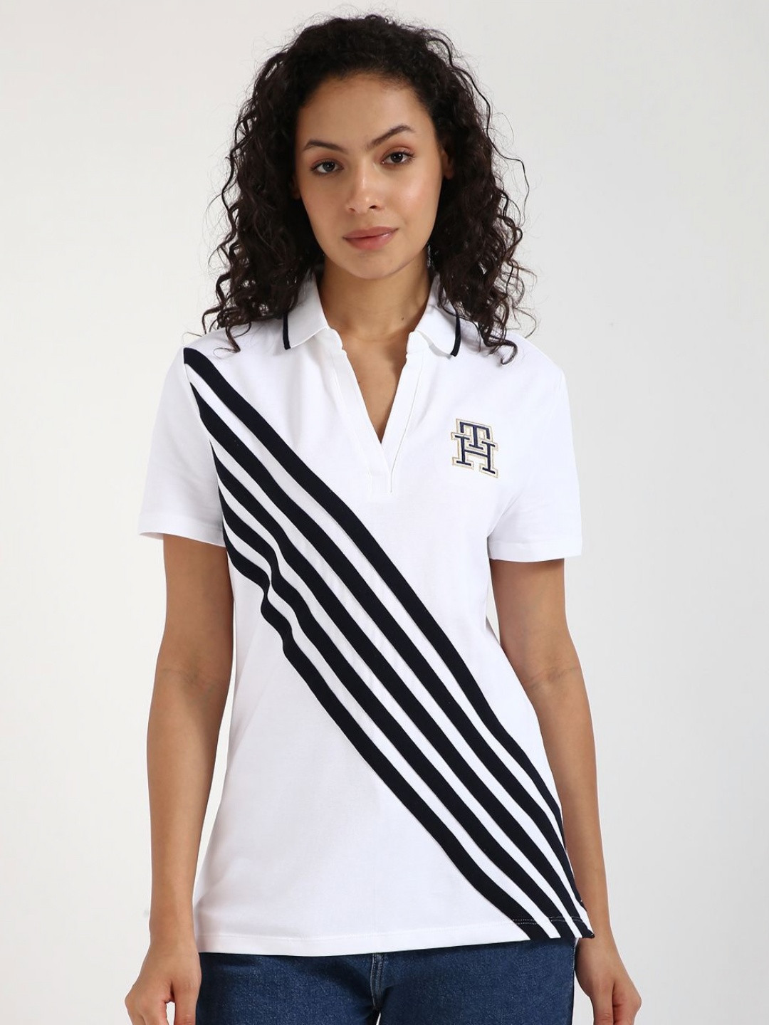 Tommy Hilfiger Women Striped Polo Collar T-shirt