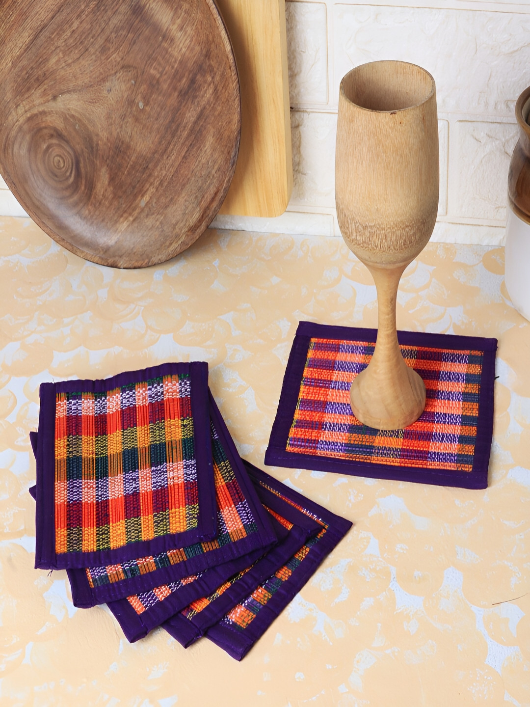 Silpakarman Purple & Red 6 Pieces Patterned Bamboo Sticks & Cotton Threads Square Coasters