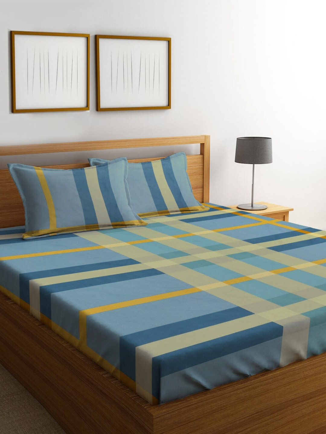 THE little BIG STORE Blue Checked Polycotton 300 TC Fitted King Fine Bedsheet with 2 Pillow Covers-72 x 78 inches