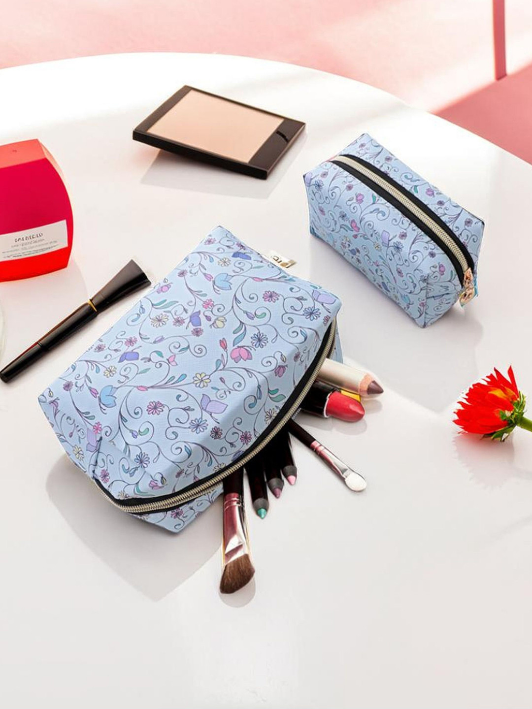 Tinker Squad 2 Pcs Teens Girls Blue Floral Print Cosmetic Pouch Bag Travel Accessory