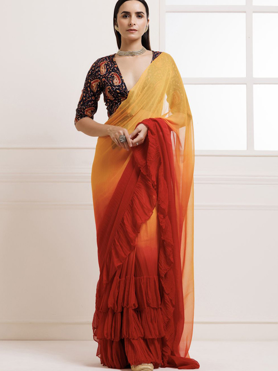 Geroo Luxe Tie and Dye Ruffles Saree