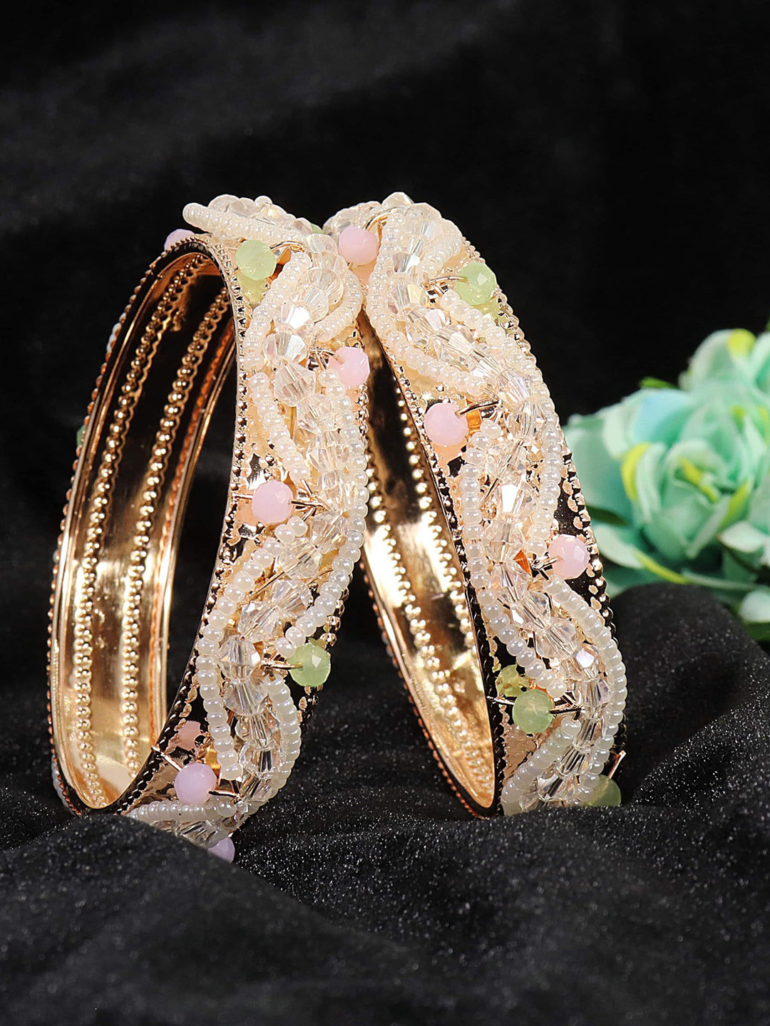 ZULKA Set of 2 Alloy Base Pearl Studded Bangles