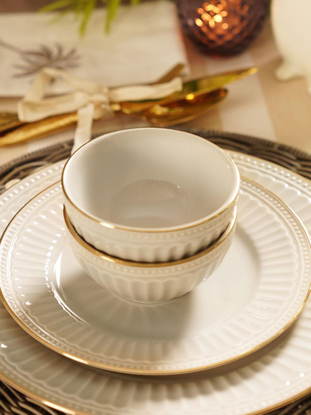 Pure Home and Living Off White 2 Pieces Textured Ceramic Side Bowls