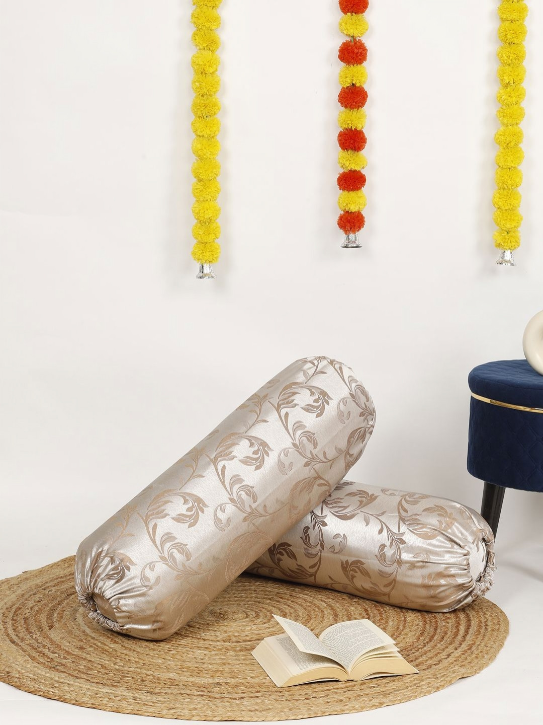 THE CONVERSION Silver-Toned & Gold-Toned 2 Pieces Floral Printed Jacquard Bolster Covers