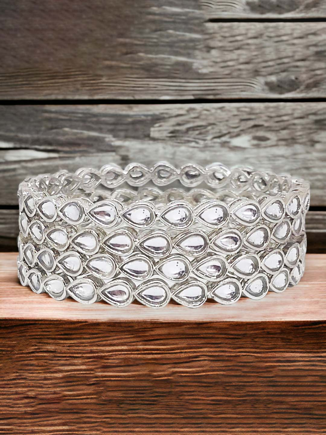 CHRISHAN Set Of 4 Silver-Plated Kundan Studded Coated Bangles