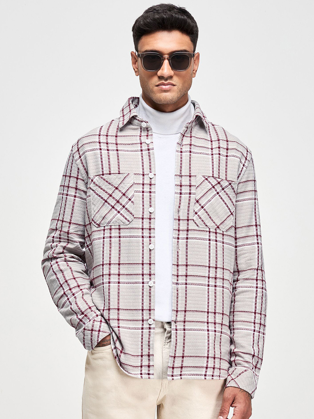 Red Flame Men Checked Pocket Detailing Pure Cotton Casual Shacket