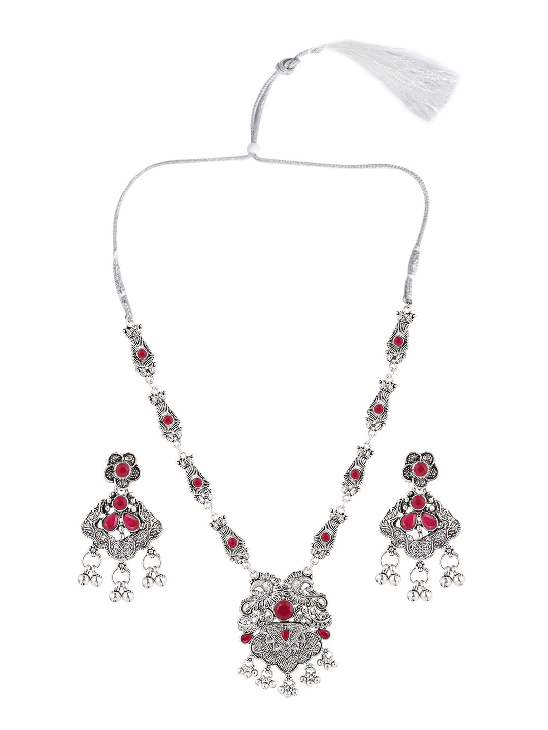 SUNHARI Stones Studded & Beaded Leaf & Peacock Jewellery Set