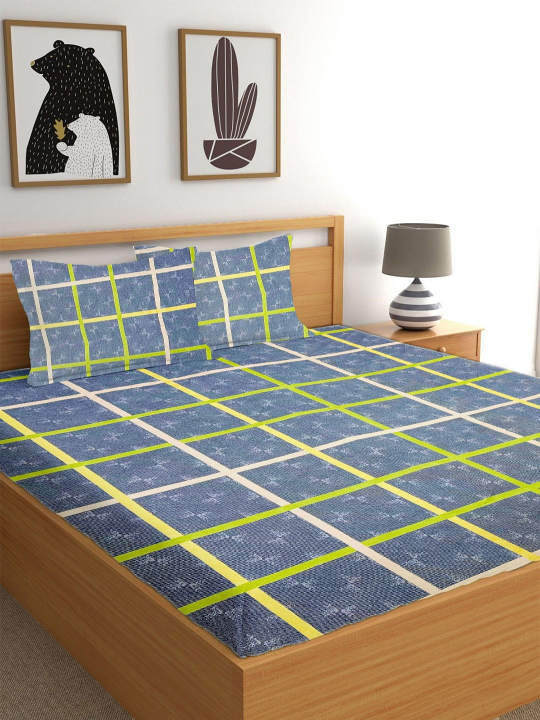 THE little BIG STORE Grey Checked Polycotton 300 TC Fitted King Fine Bedsheet with 2 Pillow Covers-72 x 78 inches