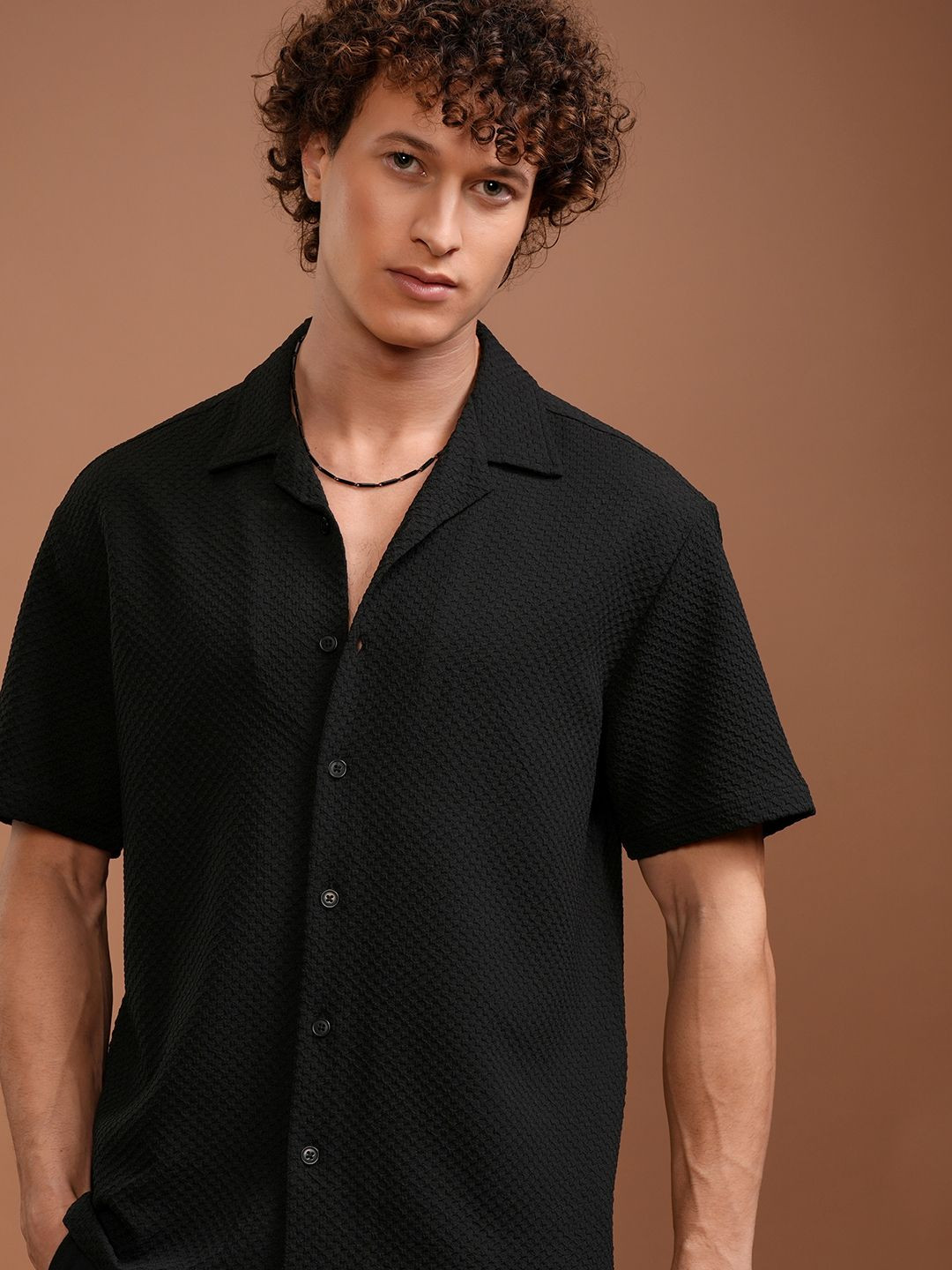HIGHLANDER Men Cuban Collar Textured Relaxed Fit Casual Shirt