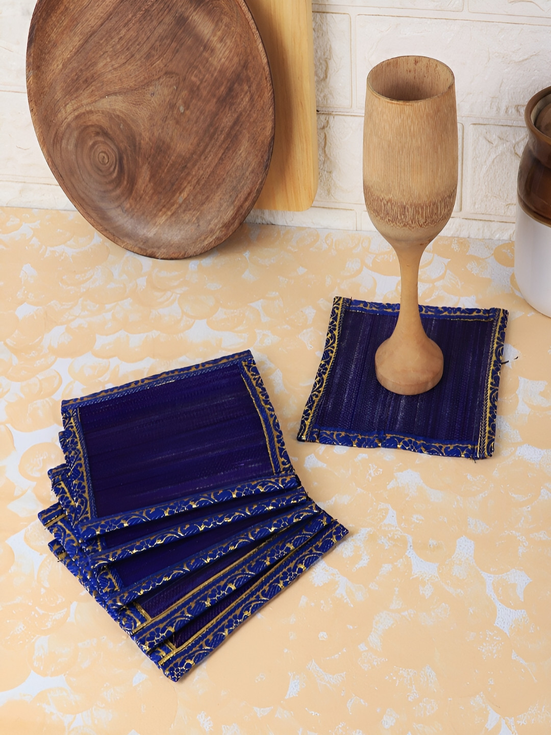 Silpakarman Blue & Gold-Toned 6 Pieces Self Design Bamboo Square Coasters