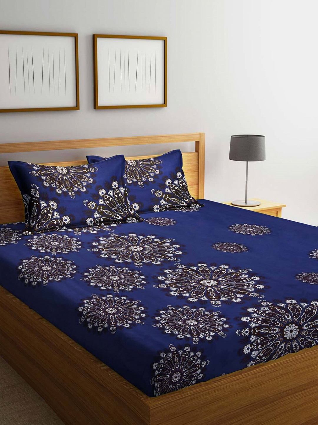 THE little BIG STORE Blue Floral Polycotton 300 TC Fitted King Superfine Bedsheet with 2 Pillow Covers-72 x 78 inches