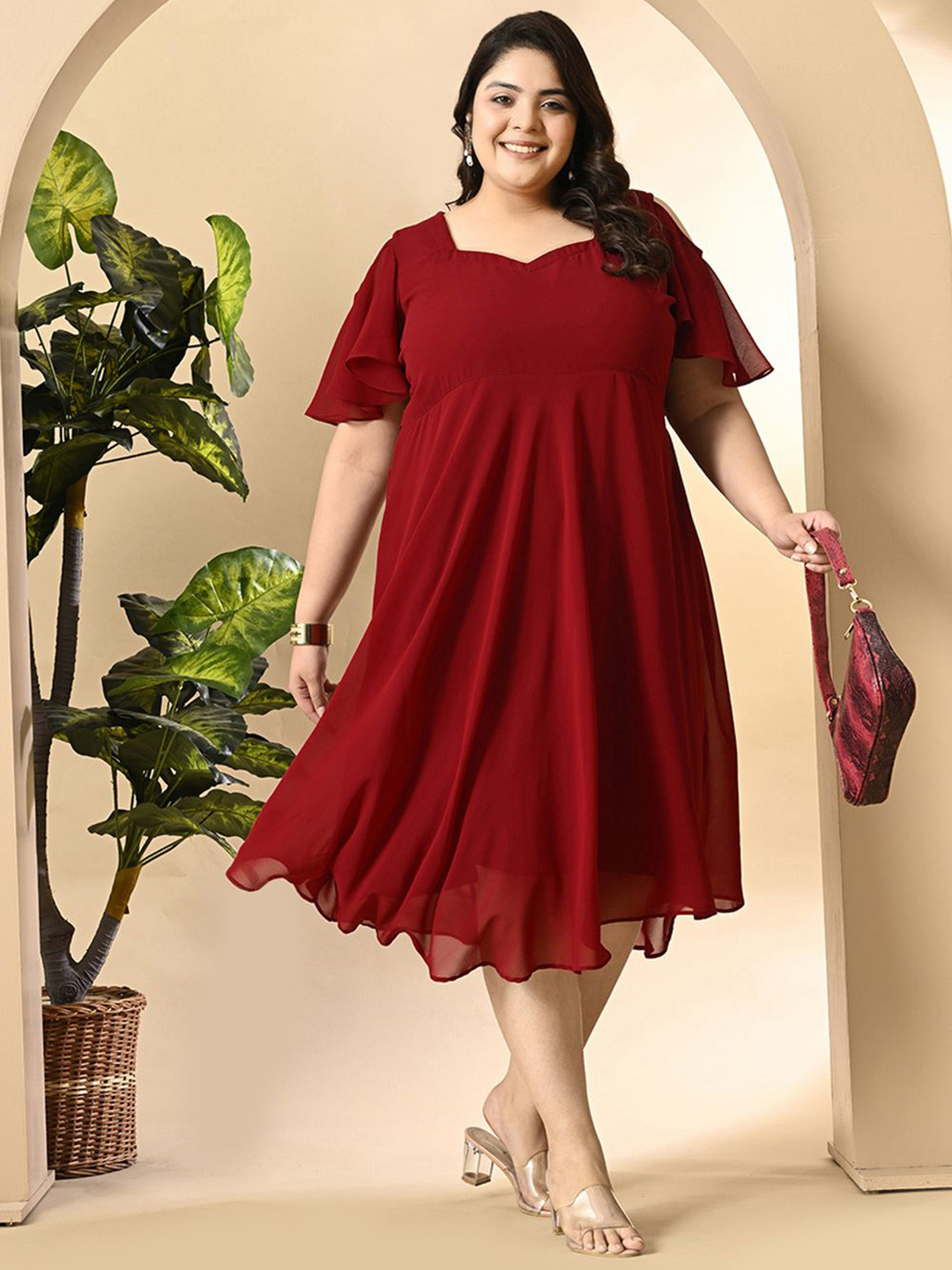 PrettyPlus by Desinoor.com Cold-Shoulder Georgette Fit & Flare Dress