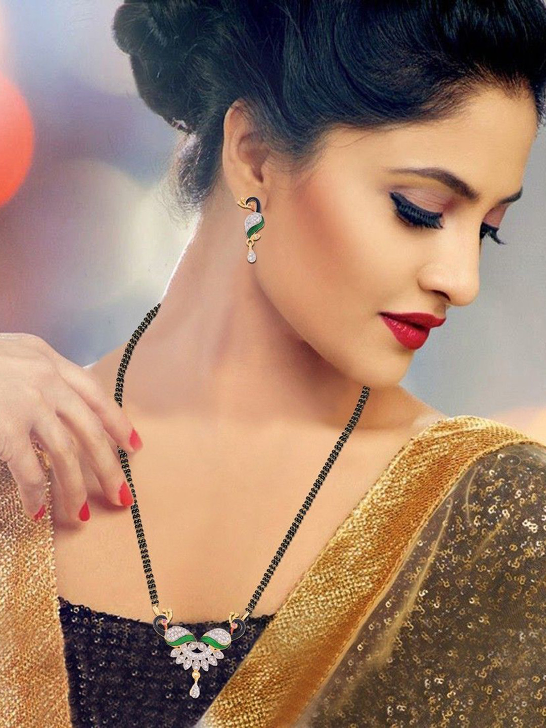 SUNHARI Alloy Gold-Plated Double Peacock Mangalsutra