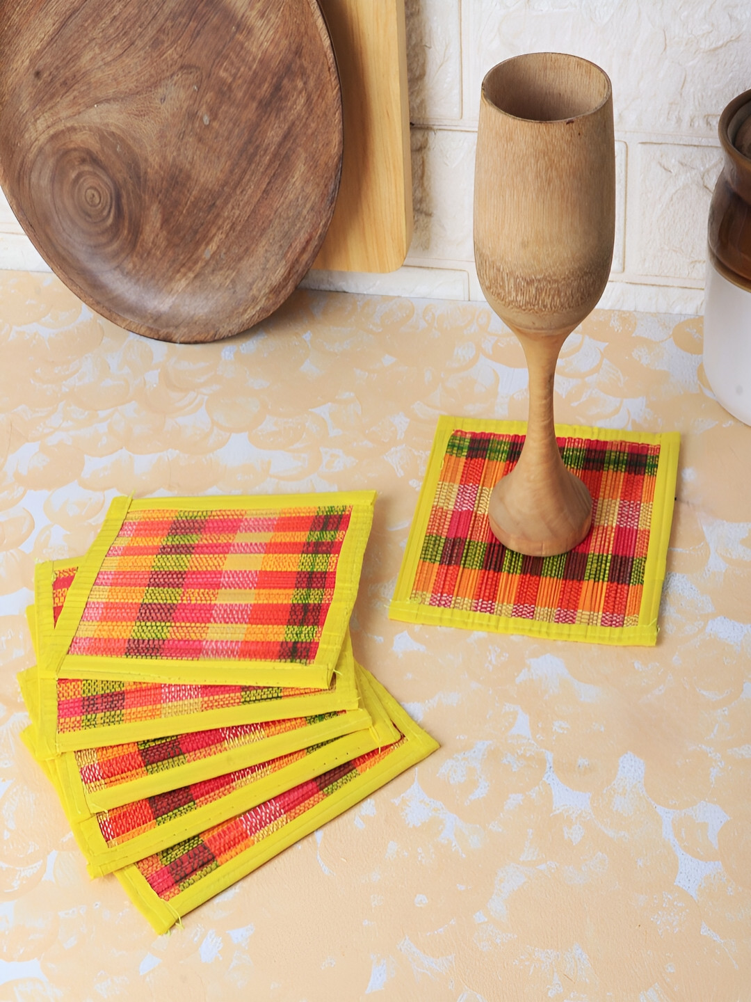 Silpakarman Yellow & Red 6 Pieces Patterned Bamboo Sticks & Cotton Threads Square Coasters