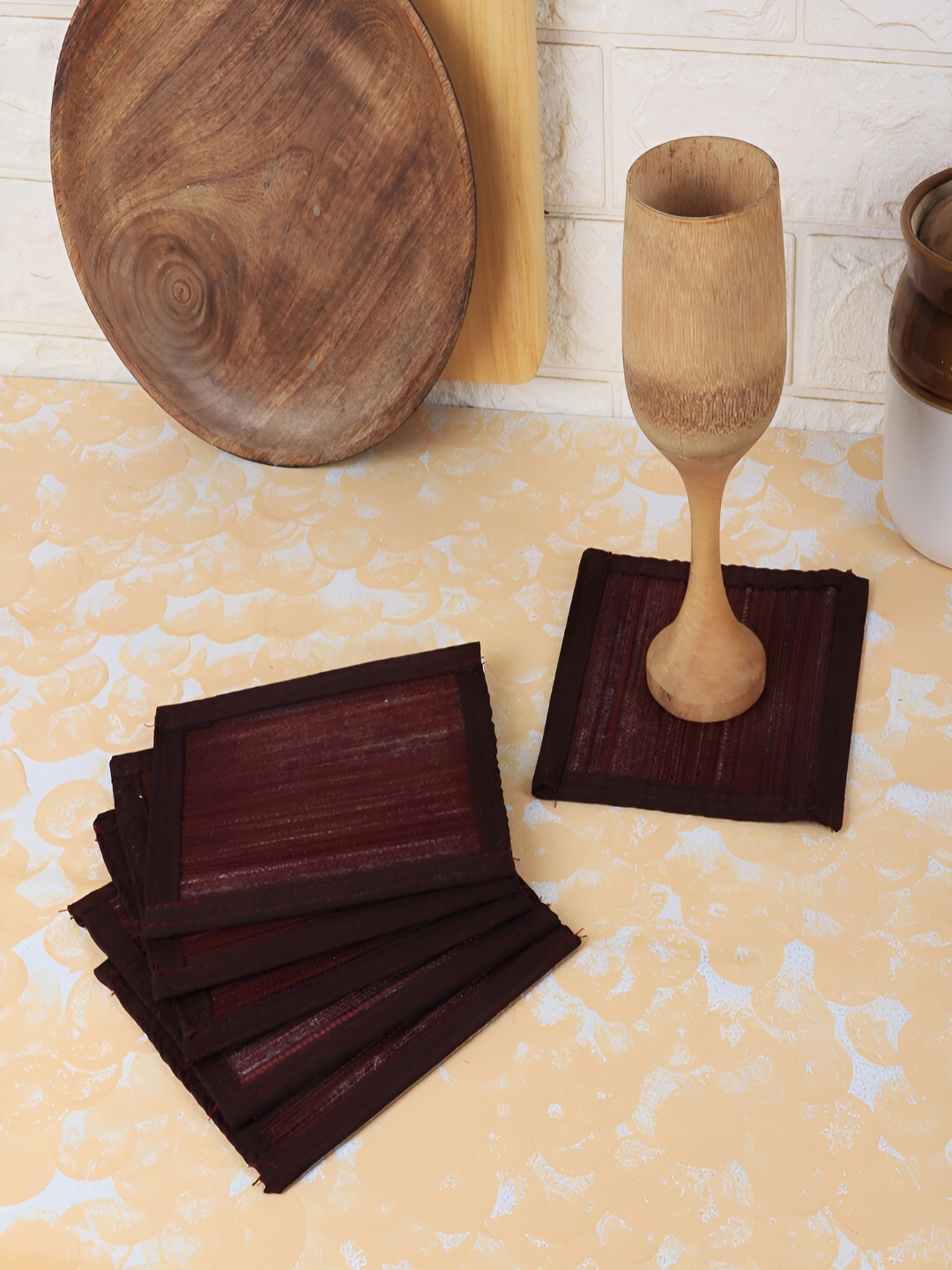 Silpakarman Brown 6 Pieces Patterned Bamboo Sticks & Cotton Threads Square Coasters