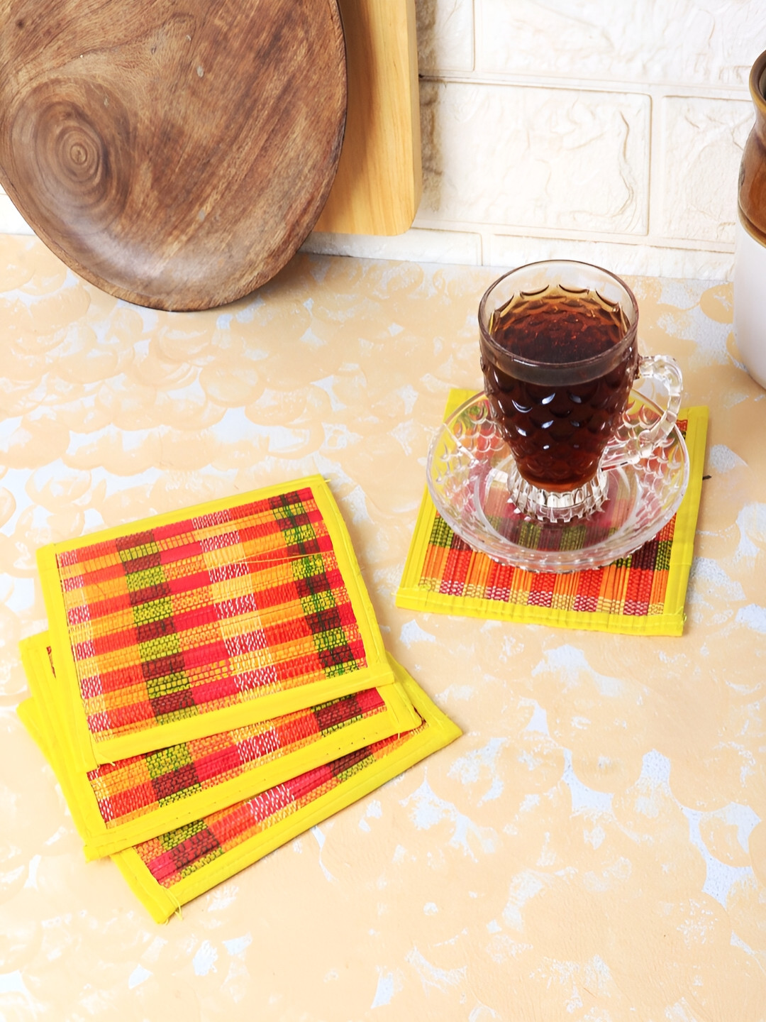 Silpakarman Yellow & Red 4 Pieces Patterned Bamboo Sticks & Cotton Threads Square Coasters