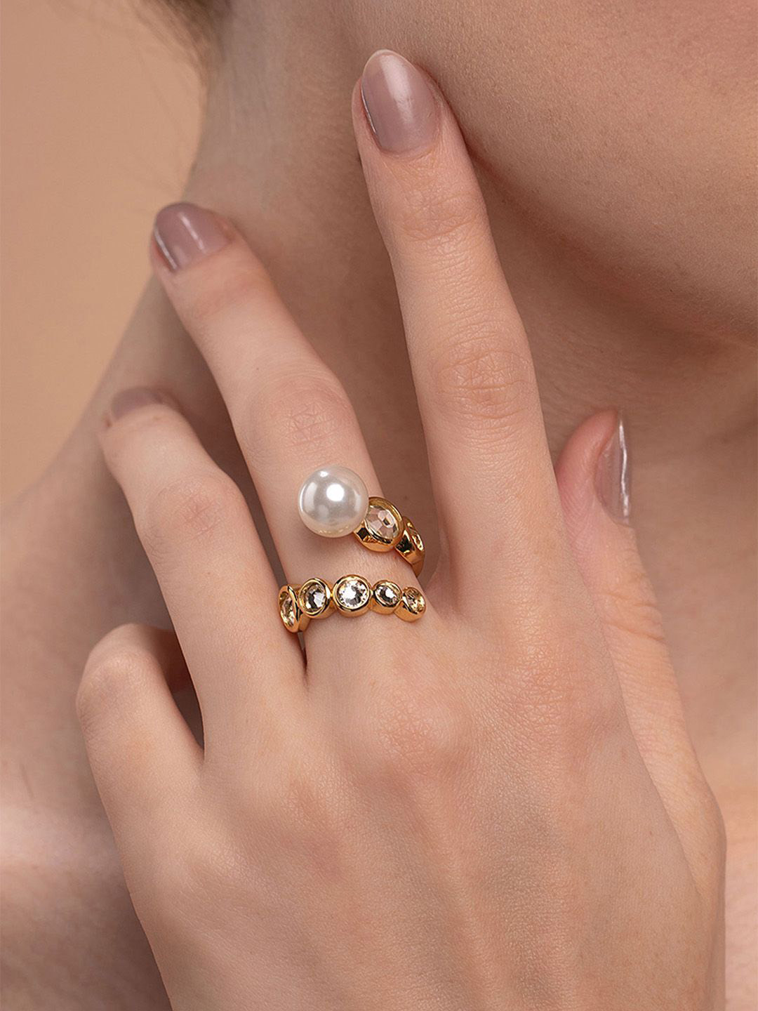 Isharya Amara Gold Plated Pearl Swirl Finger Ring