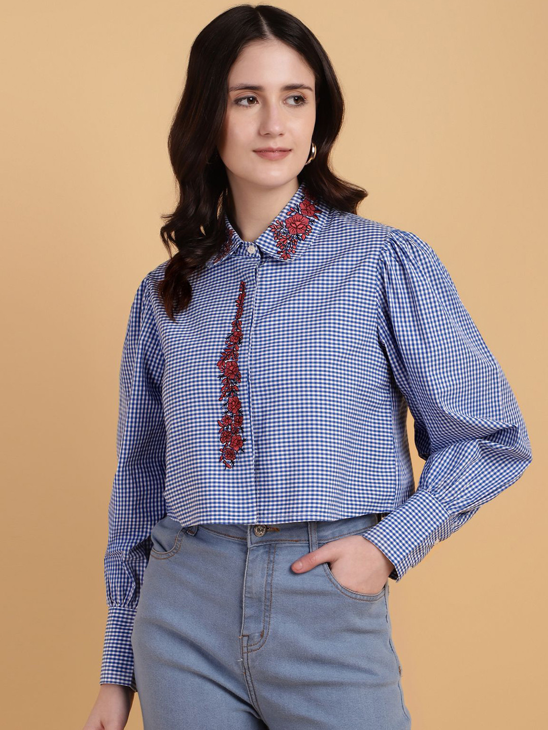 Sands of India Women Checked Cotton Shirt Style Top