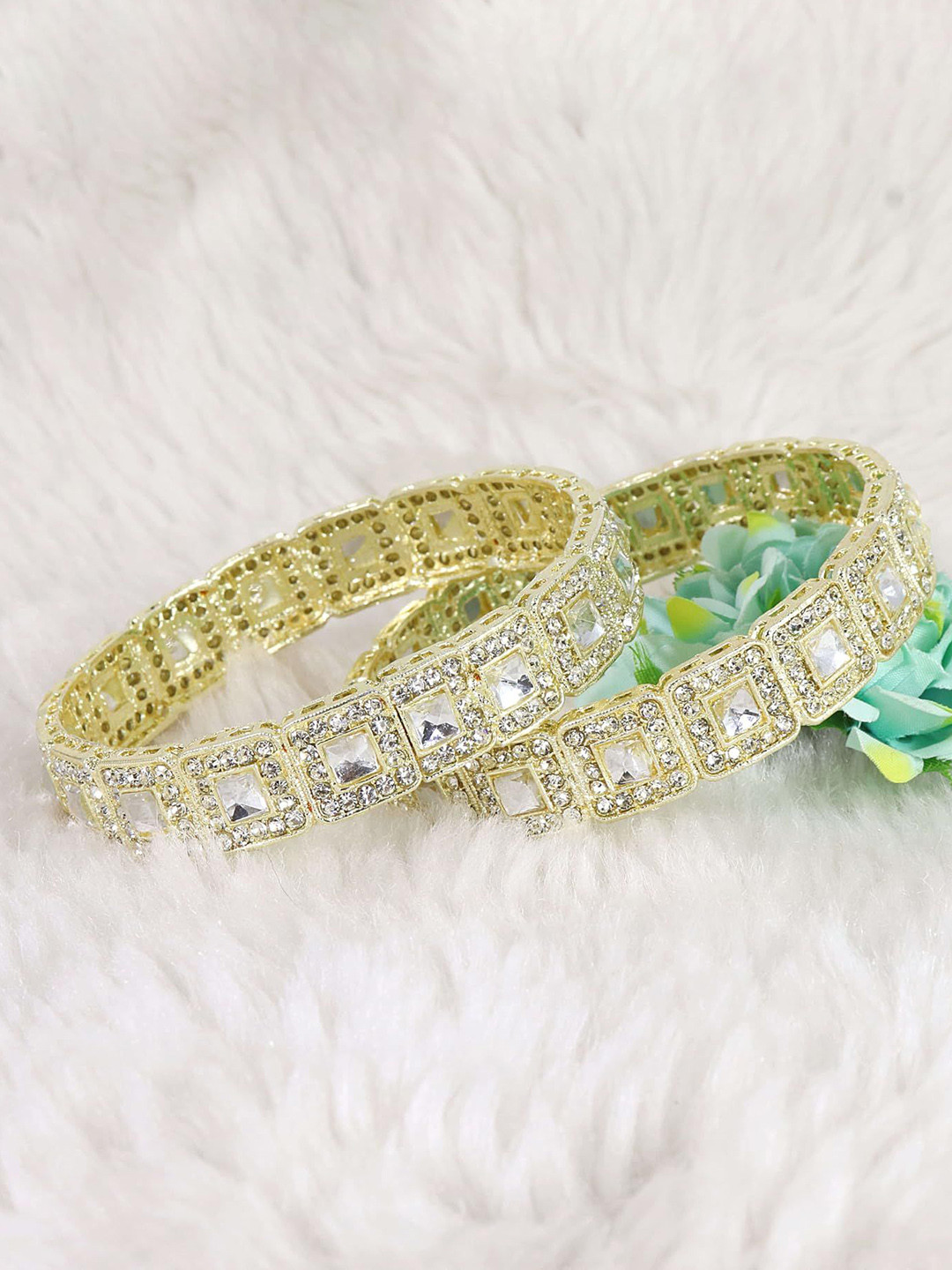 ZULKA Set of 2 Golden Metal Bangles Kada with Zircon Diamond & Kundan Mirror