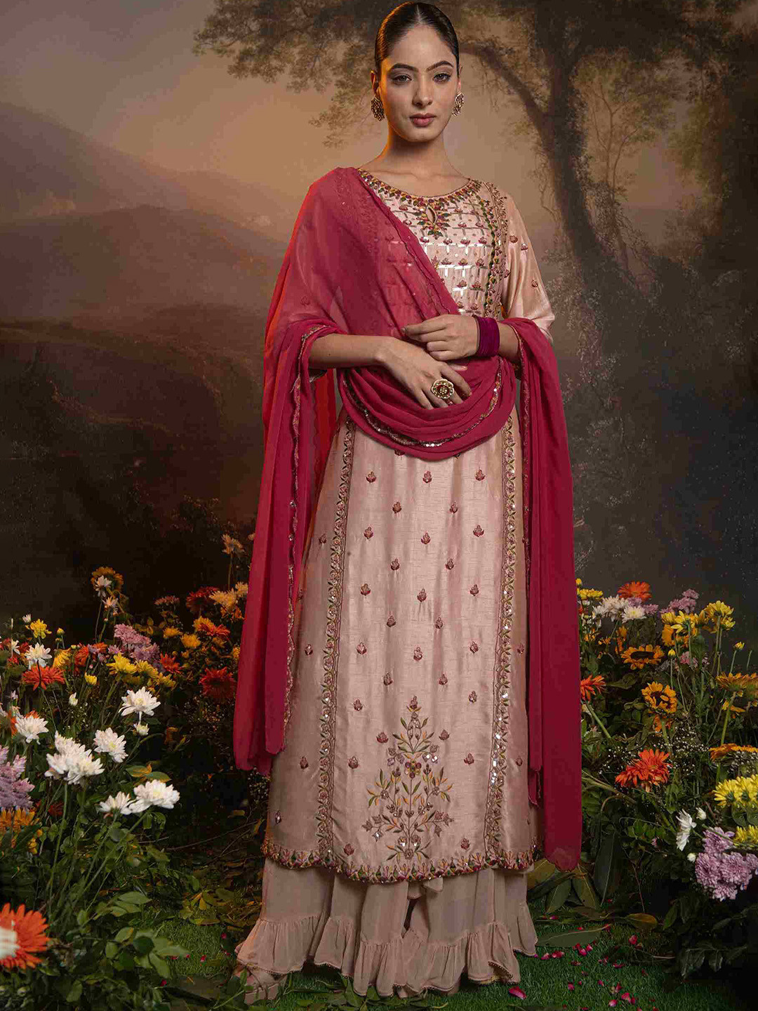 The Front Row Floral Printed  Beads and Stones Pure Silk Kurti with Sharara & With Dupatta
