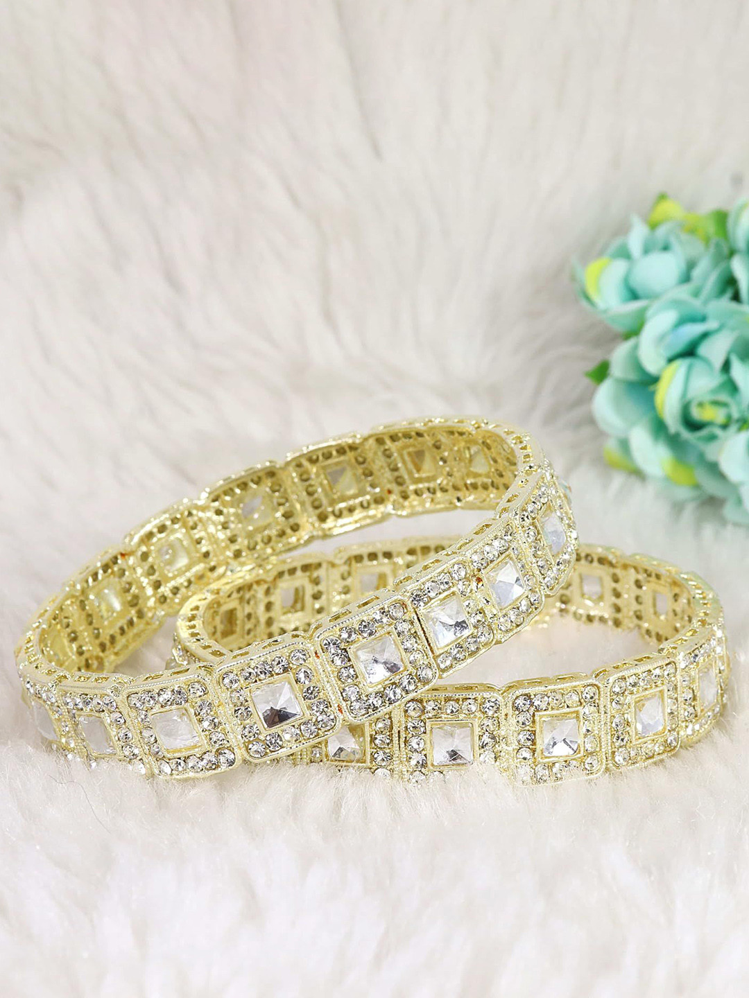 ZULKA Set of 2 Golden Zircon Diamond & Kundan Mirror Metal Bangles