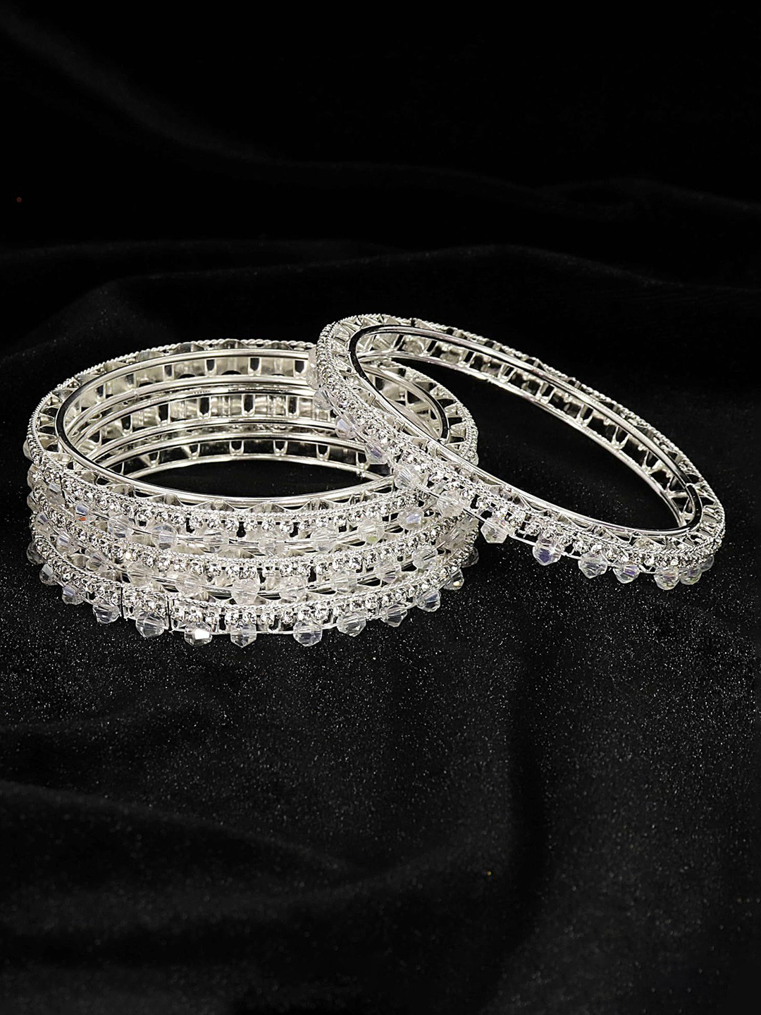 ZULKA Set of 4 Stylish Metal Zircon Gemstone & Pearls Beads Bangles Kada
