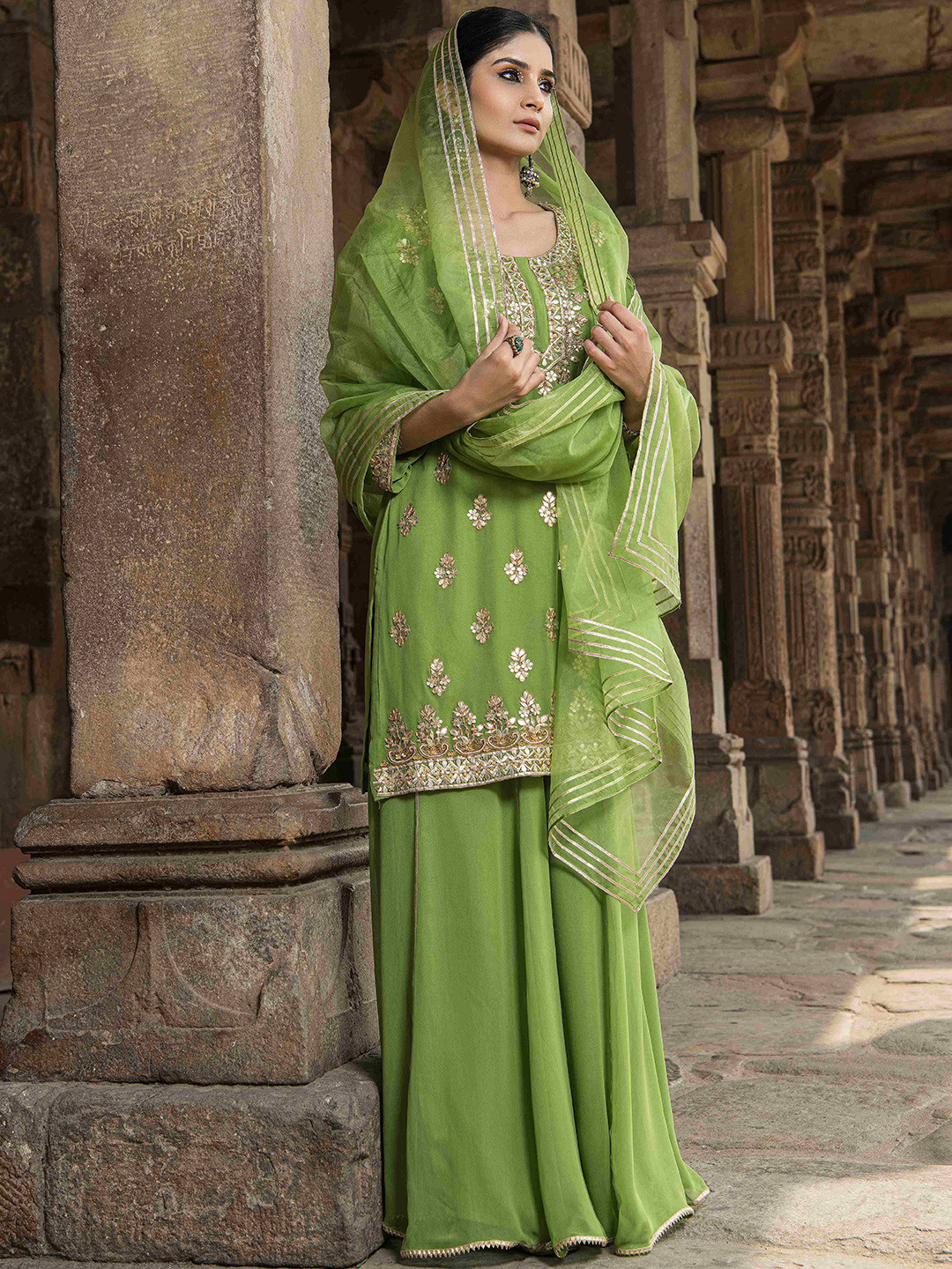 The Front Row Floral Embroidered Mirror Work Kurti with Sharara & With Dupatta