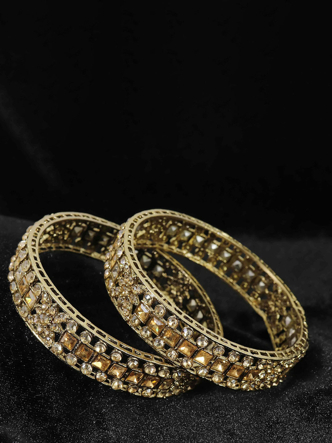 Set of 2 Gold Plated Metal Kada Bangles with American Diamond Stone