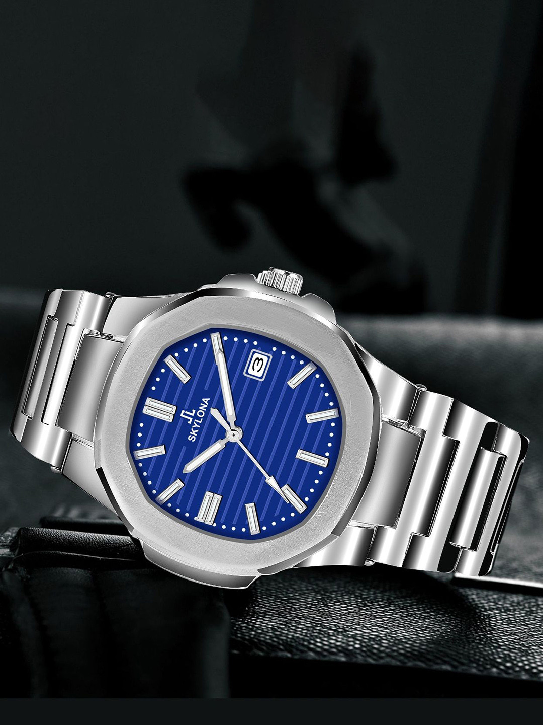 SKYLONA Men Brass Patterned Dial Reset Time Analogue Watch Patek Blue