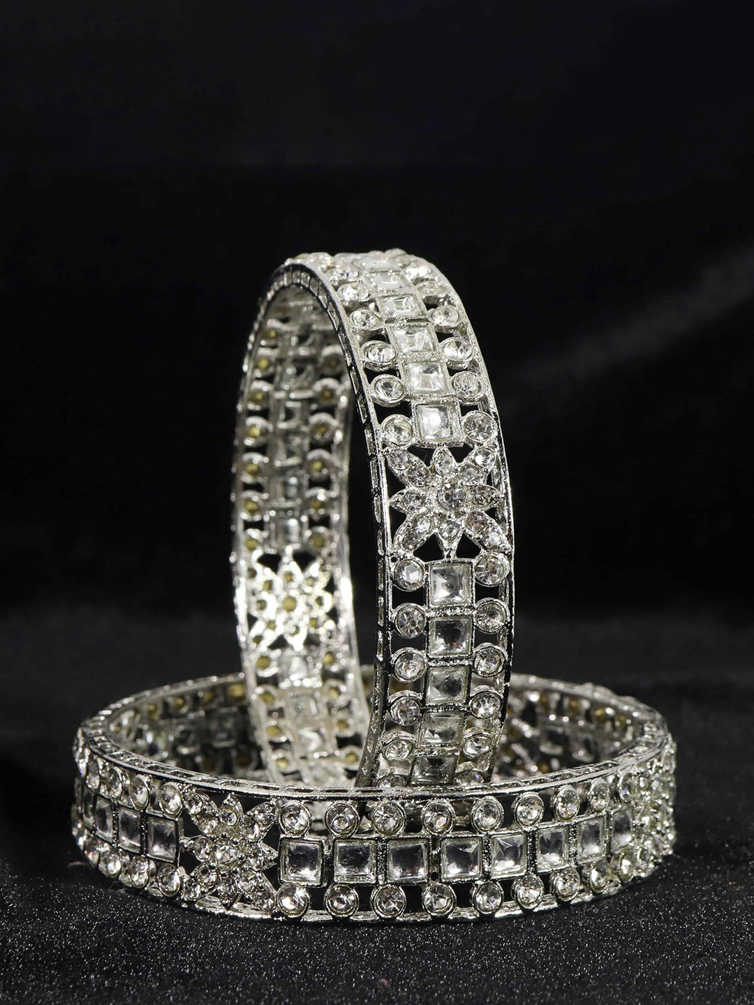 ZULKA Set of 2 American Diamond Stone Silver Plated Metal Bangles